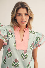 Load image into Gallery viewer, Jodifl Scallop Trim Accent Ruffle Sleeves Boho Floral Top in Mint
