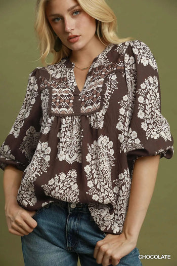 Umgee Boho Paisley Floral Contrast Yoke Blouse in Chocolate
