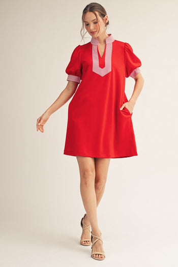 Jodifl Solid Color Shift Dress with Striped Accents in Red S at June Adel