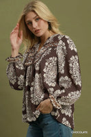 Umgee Boho Paisley Floral Contrast Yoke Blouse in Chocolate