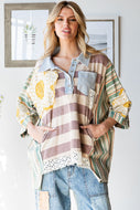 Oli & Hali OVERSIZED Multicolored Mix n Matched Striped Top with Flower Patches in Taupe/Green