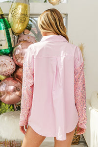 BiBi Button Up Shirt with Large Sequin Nutcrackers and Velvet Sequin Sleeves in Pink