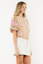 Load image into Gallery viewer, THML Geometric Print Top with Floral Embroidery Sleeves in Brown
