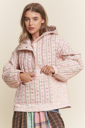 J.nna Mixed Floral Print Hooded Puffer Jacket in Pink Cream