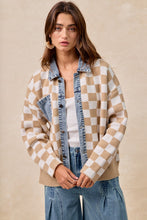Load image into Gallery viewer, BiBi Sweater Knit Checkered and Denim Trim Jacket in Latte
