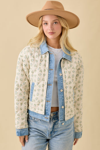 Main Strip Quilted Floral Print and Denim Jacket in Ivory/Blue