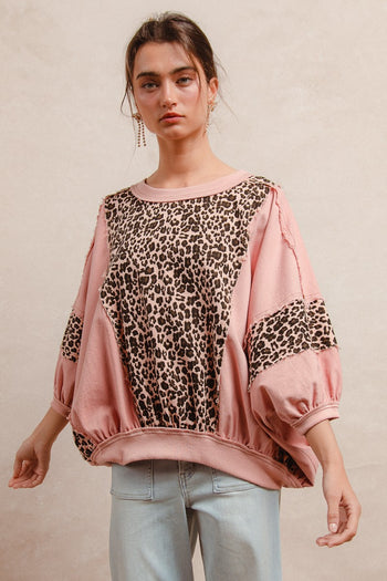 BiBi OVERSIZED Washed Leopard and Light Denim Top in Mauve
