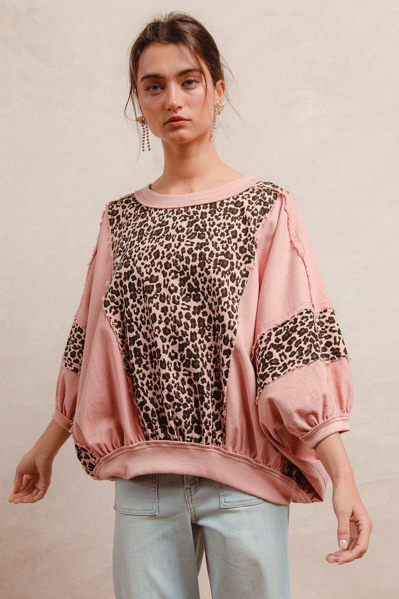 BiBi OVERSIZED Washed Leopard and Light Denim Top in Mauve