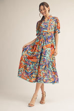 Load image into Gallery viewer, Jodifl Tropical Print Midi Dress with Scalloped Trim Detail in Aqua Blue
