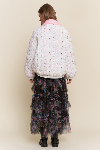 J.nna Double Collar Floral Print Puffer Jacket in Floral White