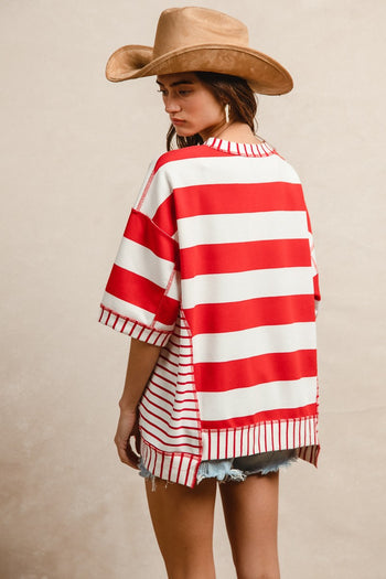 BiBi OVERSIZED Mix n Match Stripe Top with Sequin Bows in Red