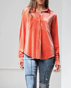Easel Button Down Velvet Top in Pearl Coral Shirts & Tops Easel   