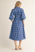 Jodifl Waist Tie Button Down Floral Midi Dress in Cobalt Blue