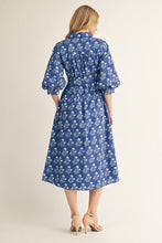 Load image into Gallery viewer, Jodifl Waist Tie Button Down Floral Midi Dress in Cobalt Blue
