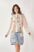 Davi & Dani Contrasting Fabric and Lace Top in Beige