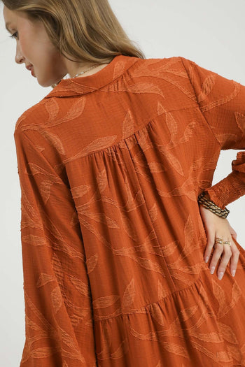Umgee Solid Color Textured Leaf Pattern Midi Dress in Rust