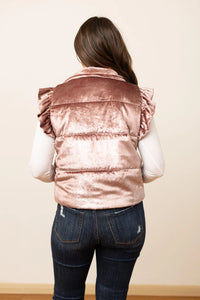 Grace+Emma FITTED Shimmer Puffer Vest with Ruffle Details in Champagne