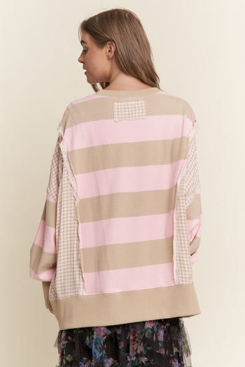 J.nna OVERSIZED Striped and Gingham Sweatshirt in Strawberry Shortcake
