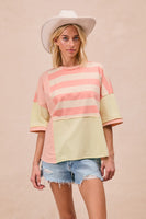 BiBi Contrasting Colored Mix N Match Striped Top in Peach/Rose/Lime