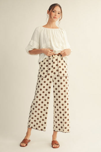 Jodifl Polka Dot Pants with Embroidered Scallop Edge Detail in Mocha