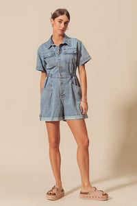 So Me Utility Button Down Romper in Denim