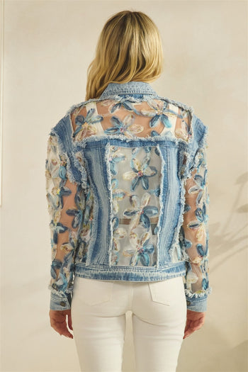 Veveret Denim Jacket With Floral Organza Inset in Medium Wash