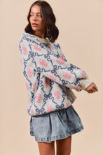 Load image into Gallery viewer, So Me Vintage Ribbon and Floral Knit Sweater in Blue Ribbon
