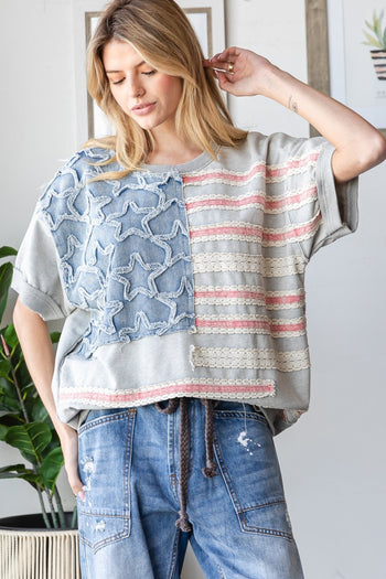 Oli & Hali American Flag Knit Top in Heather Grey