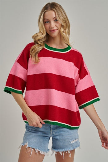 BON Christmas Wide Stripe Loose Fit Sweater in Red/Pink