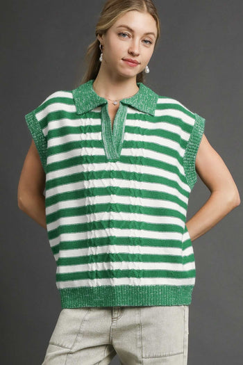 Umgee Cable Knit Collared Vest Sweater in Green