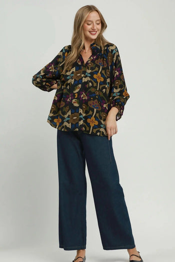 Umgee Floral Print Split Neck Blouse in Black