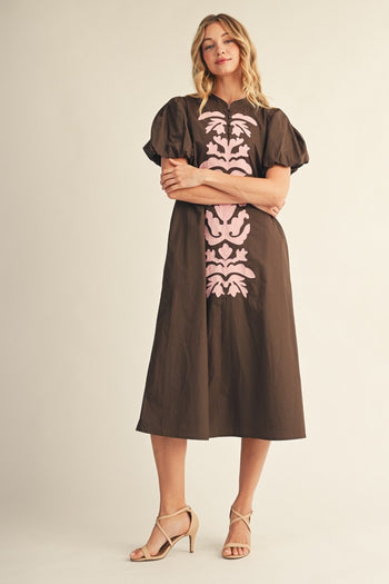 Jodifl Puff Sleeves Applique Accent Midi Dress in Brown