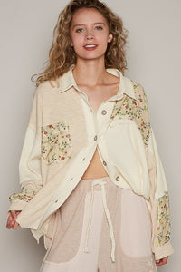 POL Two Toned Button Down Top with Floral Patches in Cream Shirts & Tops POL Clothing   