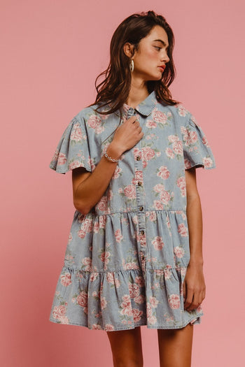 BiBi Washed Denim Floral Print Dress in Light Denim
