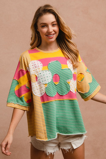 BiBi Mix n Match Stripes Dolman Top with Flower Patches on Front in Honey Combo