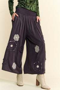 Davi & Dani Smocked Waist Floral Patch Wide Leg Pants in Charcoal