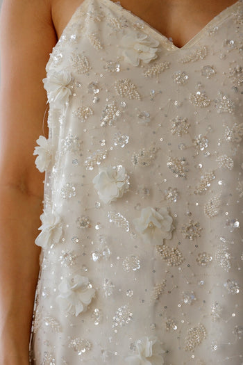 Storia Floral Sequin Embellished Slip Dress in Ivory Cream