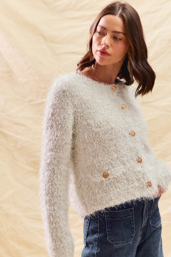 So Me Fuzzy Knit Cardigan with Gold Buttons in Ivory