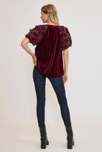 Load image into Gallery viewer, Umgee Velvet Split Neck Top with Lace Sleeves in Plum
