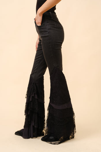 Blue B Denim Jeans with Tiered Lace Flare Legs in Black