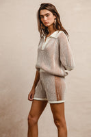 BiBi Two Toned Textured Ribbed Sweater Top and Shorts Set in Ivory/Cinnamon