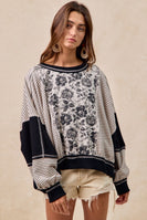BiBi OVERSIZED Rose Twill and Stripe Mix n Match Top in Grey/Black