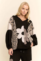Davi & Dani OVERSIZED Hooded Mixed Fabric Top with Flower Patch in Black Cream