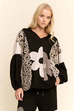Load image into Gallery viewer, Davi &amp; Dani OVERSIZED Hooded Mixed Fabric Top with Flower Patch in Black Cream
