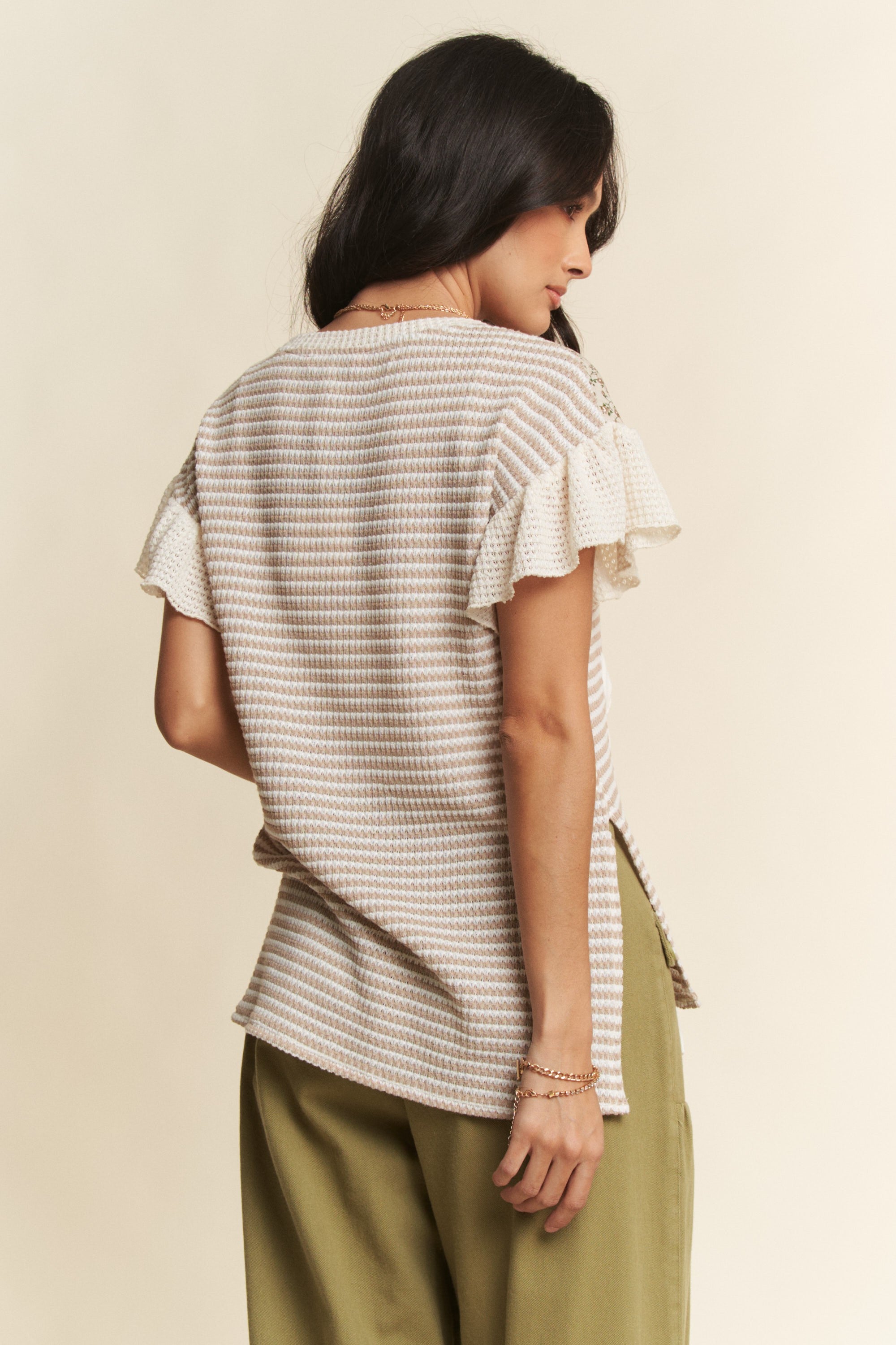 Davi & Dani Waffle Knit Color Block Mixed Print Top with Bow