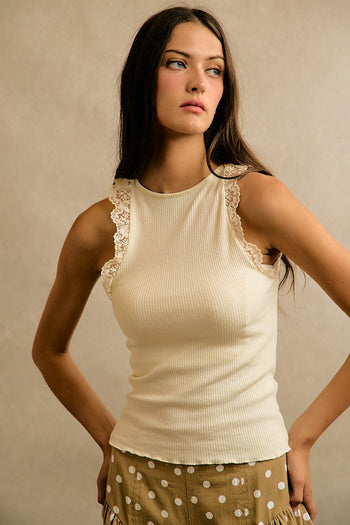 So Me Lace Ribbed Sleeveless Halter Top in Ivory