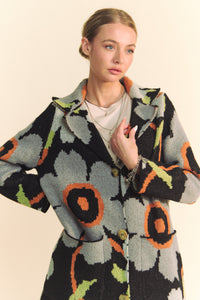 Davi & Dani Floral Print Button Down Cardigan in Black Grey