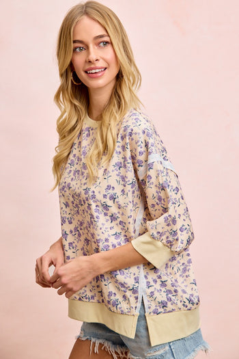 BiBi OVERSIZED Lightweight Corduroy Floral Print Top in Cream/Lavender