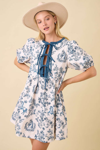 Main Strip Vintage Horse Toile Print Denim Mini Dress in Dark Navy