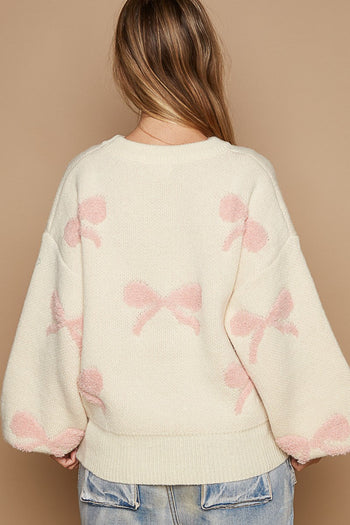 POL OVERSIZED Bow Pattern Sweater in Cream/Pink